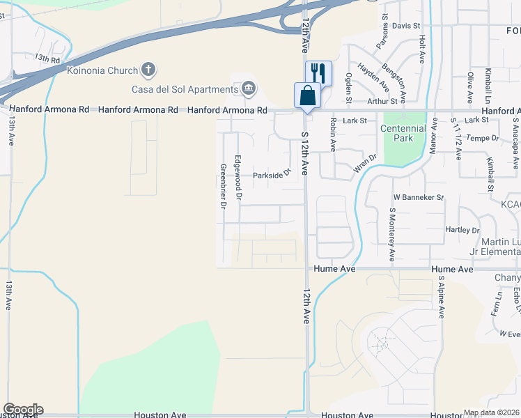 map of restaurants, bars, coffee shops, grocery stores, and more near 1864 West Spring Crest Street in Hanford