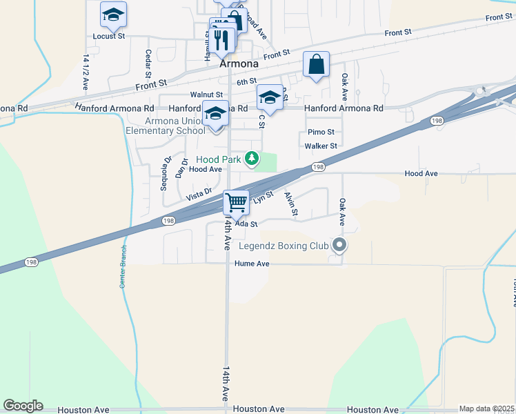 map of restaurants, bars, coffee shops, grocery stores, and more near 13889 Lyn Street in Armona