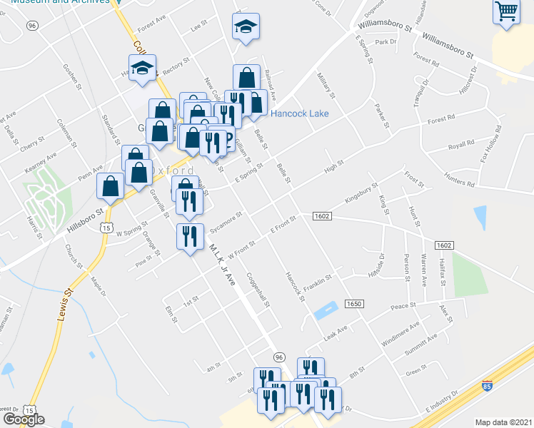 map of restaurants, bars, coffee shops, grocery stores, and more near 108 High Street in Oxford