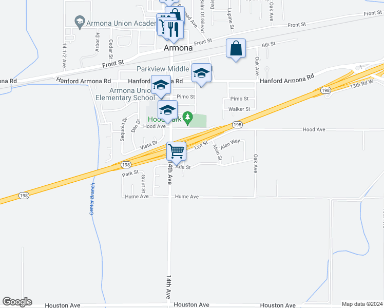 map of restaurants, bars, coffee shops, grocery stores, and more near 13889 Lyn Street in Armona