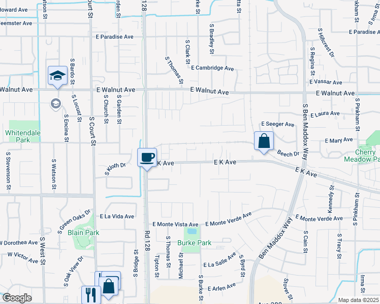 map of restaurants, bars, coffee shops, grocery stores, and more near East Burke Street in Visalia
