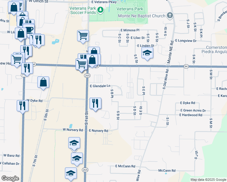 map of restaurants, bars, coffee shops, grocery stores, and more near 2007 South B Street in Rogers