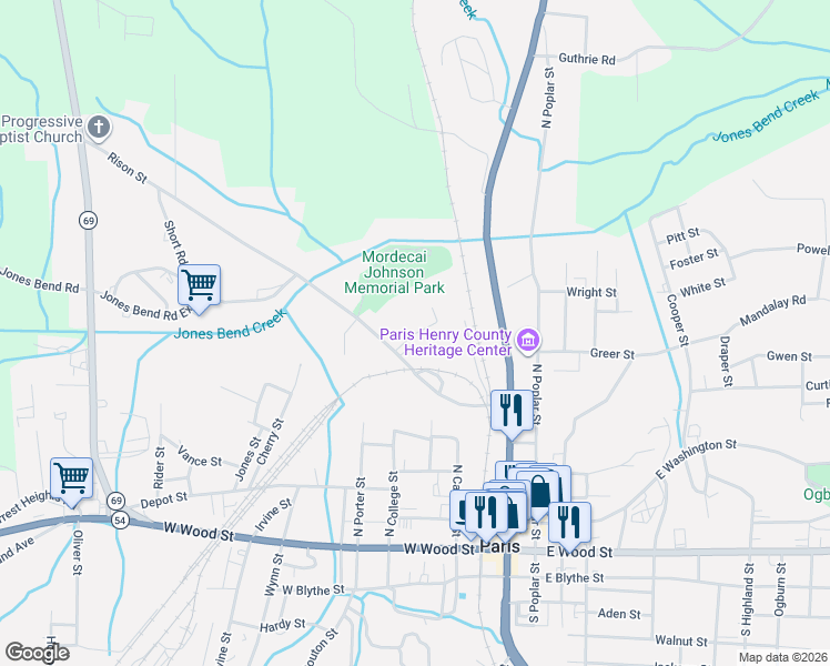 map of restaurants, bars, coffee shops, grocery stores, and more near 604 Johnson Street in Paris