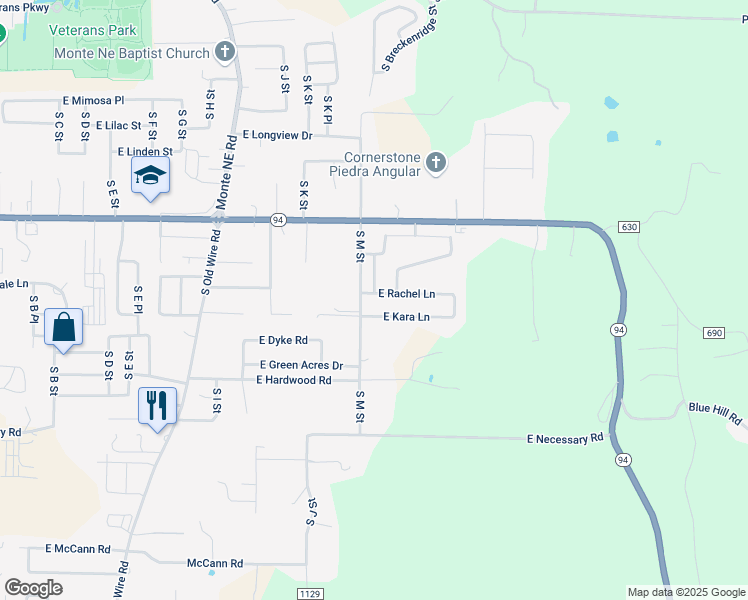 map of restaurants, bars, coffee shops, grocery stores, and more near 1916 South N Street in Rogers