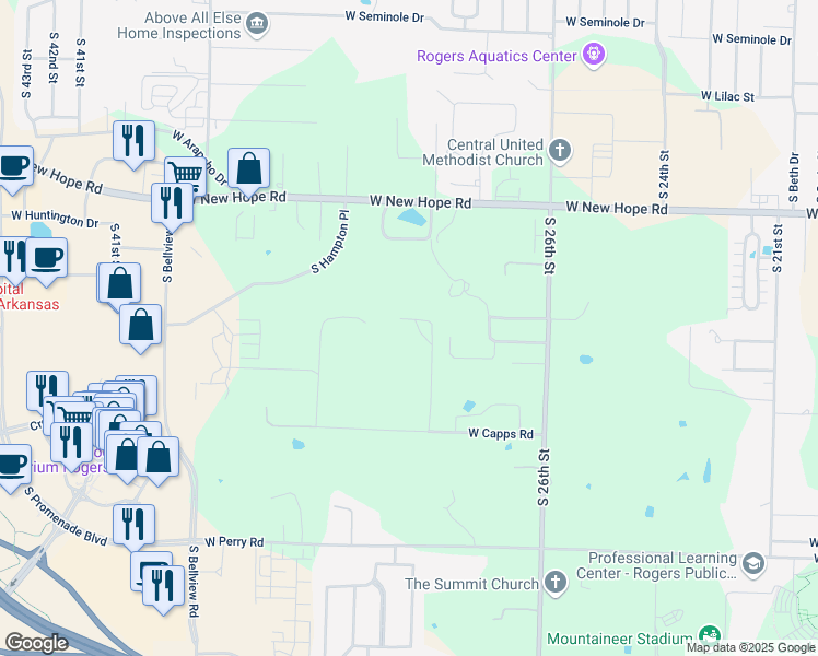 map of restaurants, bars, coffee shops, grocery stores, and more near 2805 West Capps Road in Rogers