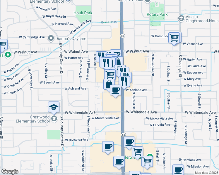 map of restaurants, bars, coffee shops, grocery stores, and more near 2333 South Mooney Boulevard in Visalia