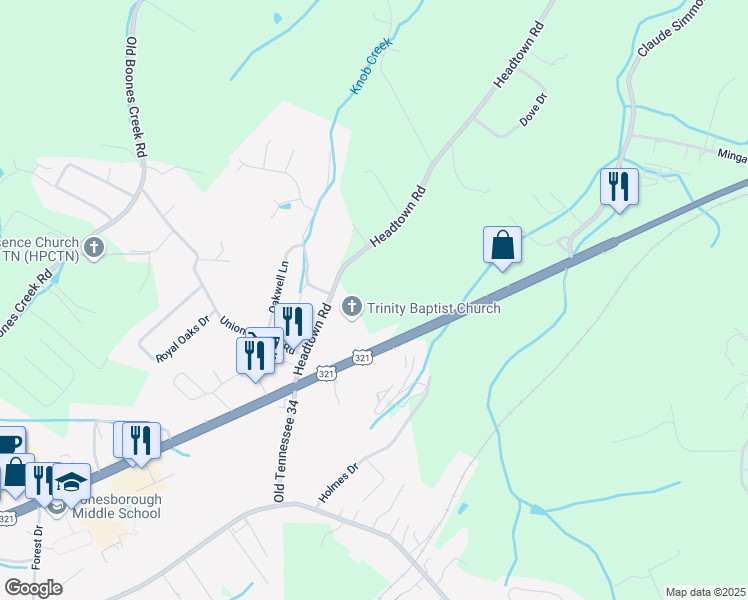 map of restaurants, bars, coffee shops, grocery stores, and more near in Jonesborough