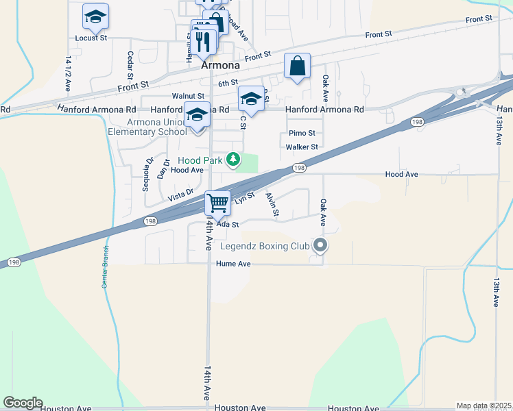 map of restaurants, bars, coffee shops, grocery stores, and more near 13835 Lyn Street in Armona