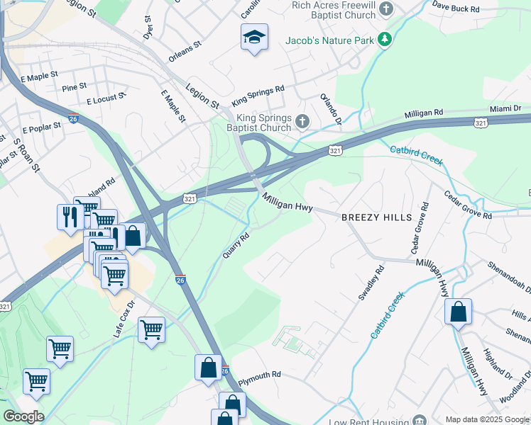 map of restaurants, bars, coffee shops, grocery stores, and more near 701 Milligan Highway in Johnson City
