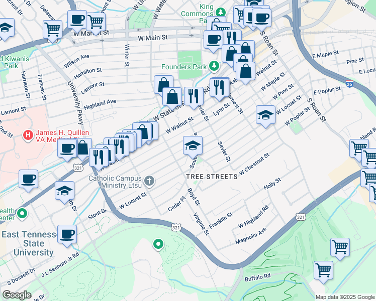 map of restaurants, bars, coffee shops, grocery stores, and more near 906 Southwest Avenue in Johnson City