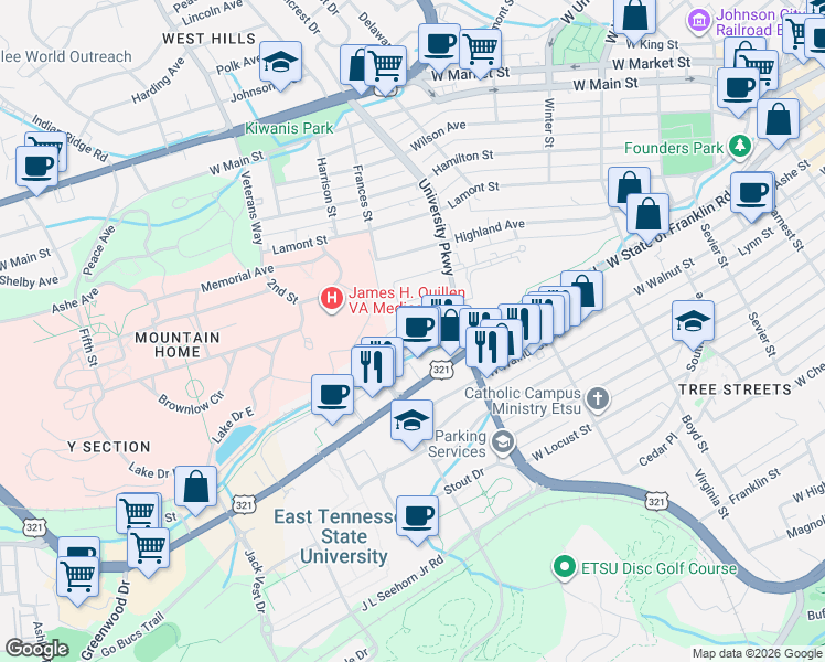 map of restaurants, bars, coffee shops, grocery stores, and more near 1109 University Parkway in Johnson City