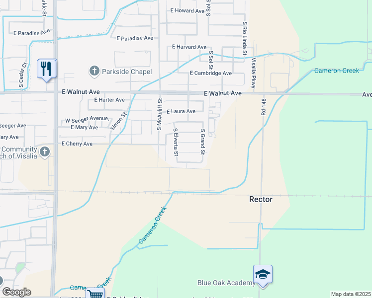 map of restaurants, bars, coffee shops, grocery stores, and more near 3809 East Cherry Avenue in Visalia