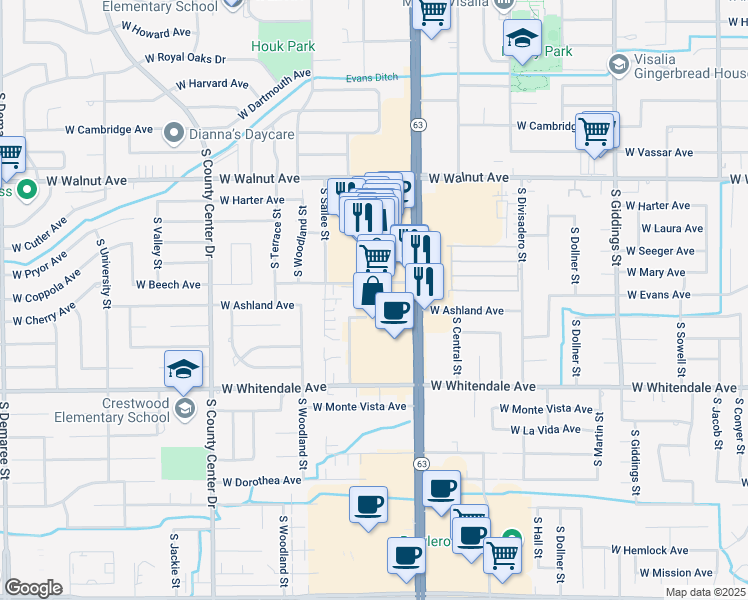 map of restaurants, bars, coffee shops, grocery stores, and more near 2333 South Mooney Boulevard in Visalia
