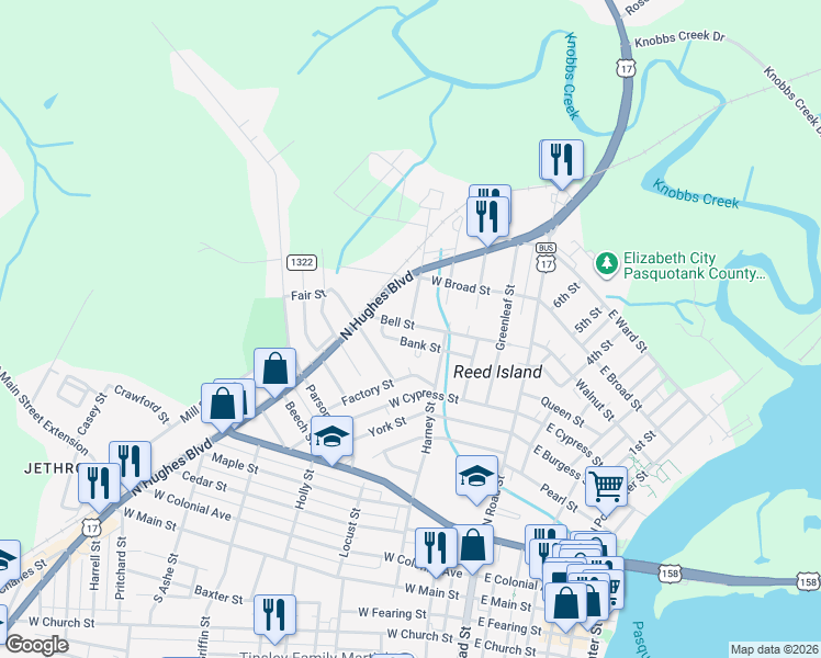 map of restaurants, bars, coffee shops, grocery stores, and more near 410 Bell Street in Elizabeth City