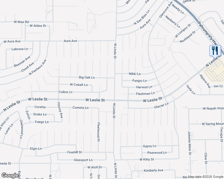 map of restaurants, bars, coffee shops, grocery stores, and more near 6080 North Linda Street in Pahrump