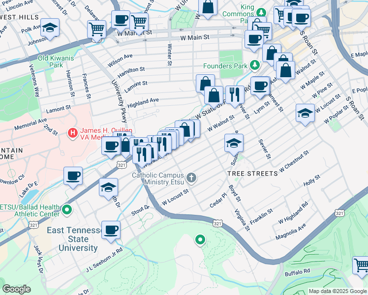 map of restaurants, bars, coffee shops, grocery stores, and more near 729 West Walnut Street in Johnson City