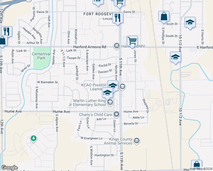 map of restaurants, bars, coffee shops, grocery stores, and more near 837 Isaac Newton Drive in Hanford