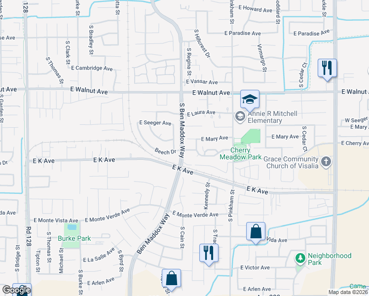 map of restaurants, bars, coffee shops, grocery stores, and more near 2404 South Stover Street in Visalia