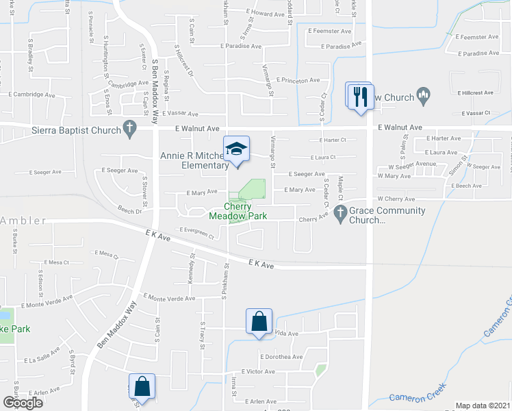 map of restaurants, bars, coffee shops, grocery stores, and more near 1841 East Beech Street in Visalia