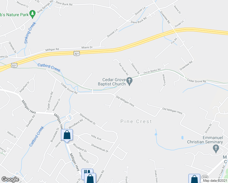 map of restaurants, bars, coffee shops, grocery stores, and more near 388 Cedar Grove Road in Johnson City