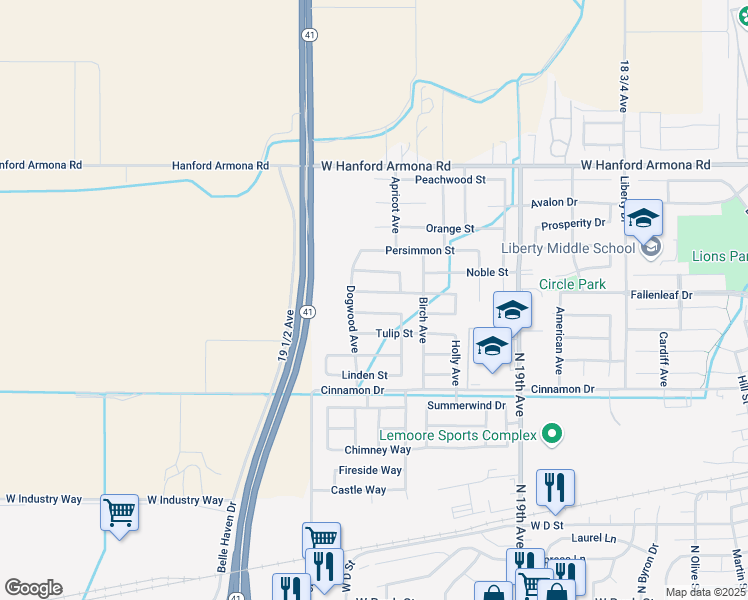 map of restaurants, bars, coffee shops, grocery stores, and more near 1639 Hawthorn Street in Lemoore