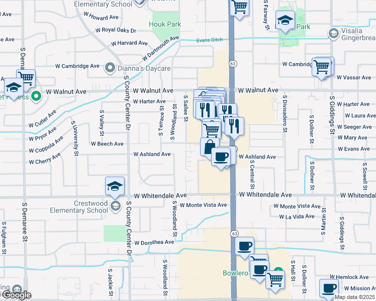 map of restaurants, bars, coffee shops, grocery stores, and more near 2408 South Sallee Street in Visalia