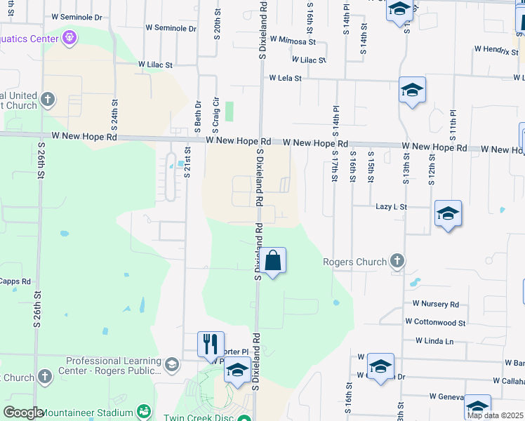 map of restaurants, bars, coffee shops, grocery stores, and more near 2002 South Dixieland Road in Rogers