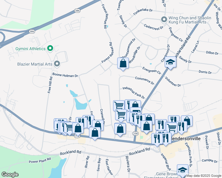 map of restaurants, bars, coffee shops, grocery stores, and more near 132 Cranwill Drive in Hendersonville