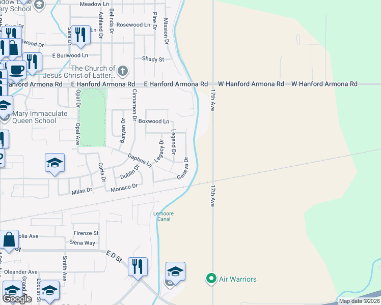 map of restaurants, bars, coffee shops, grocery stores, and more near 1071 Geneva Drive in Lemoore