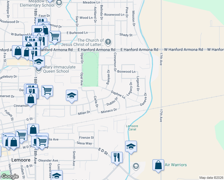 map of restaurants, bars, coffee shops, grocery stores, and more near 830 Daphne Lane in Lemoore