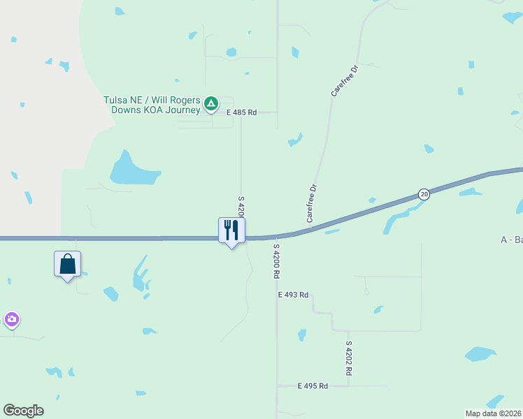 map of restaurants, bars, coffee shops, grocery stores, and more near 20862 Carefree Drive in Claremore