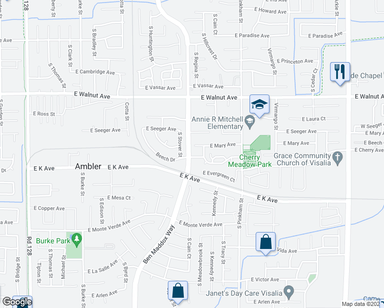 map of restaurants, bars, coffee shops, grocery stores, and more near 1708 East Beech Avenue in Visalia