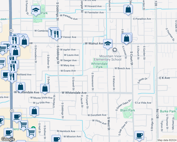 map of restaurants, bars, coffee shops, grocery stores, and more near 811 West Beech Avenue in Visalia