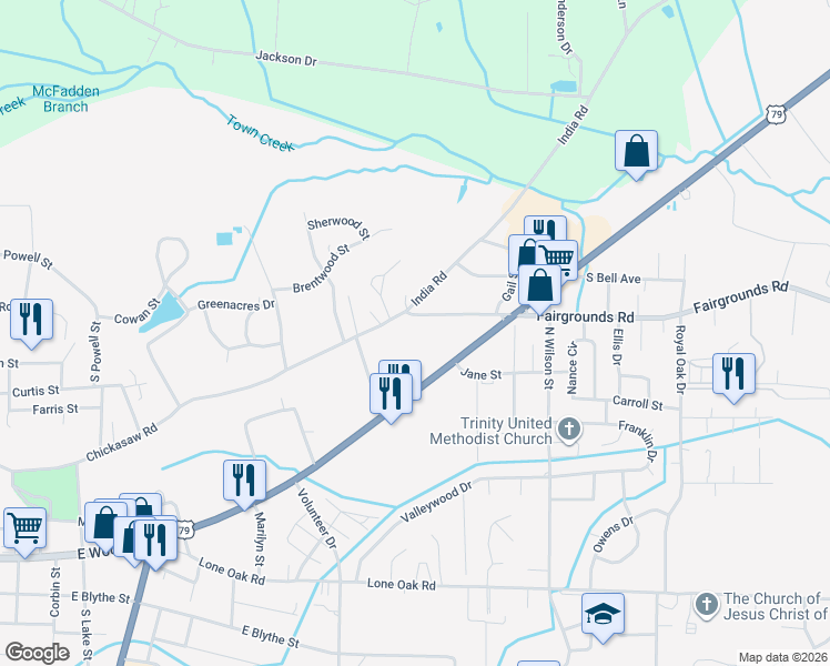 map of restaurants, bars, coffee shops, grocery stores, and more near 1401 Chickasaw Road in Paris