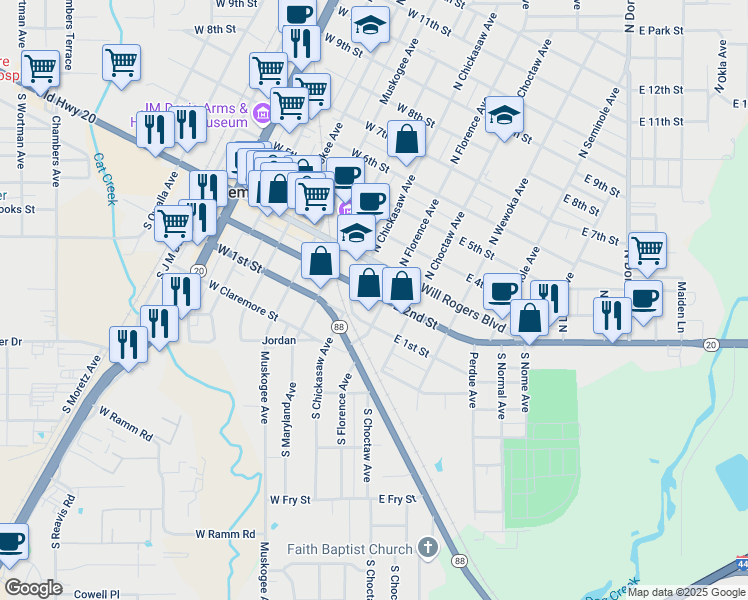 map of restaurants, bars, coffee shops, grocery stores, and more near 117 East 2nd Street in Claremore