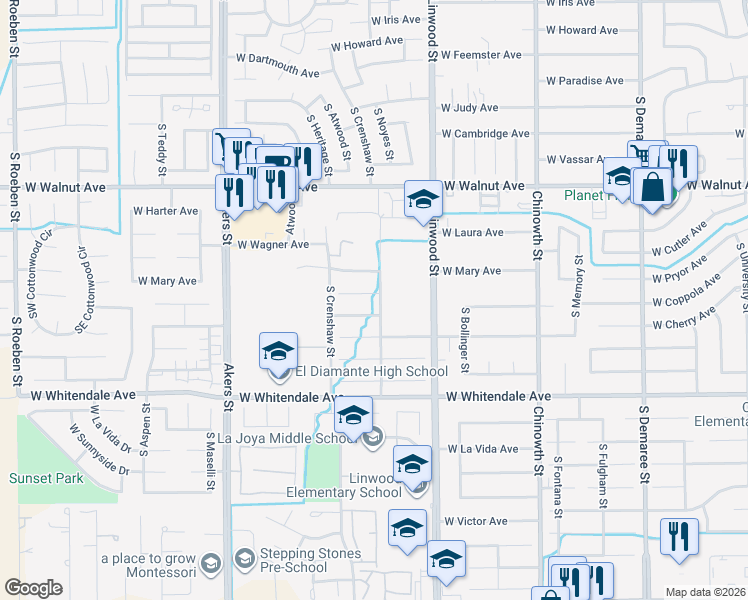 map of restaurants, bars, coffee shops, grocery stores, and more near 4709 West Coppola Court in Visalia