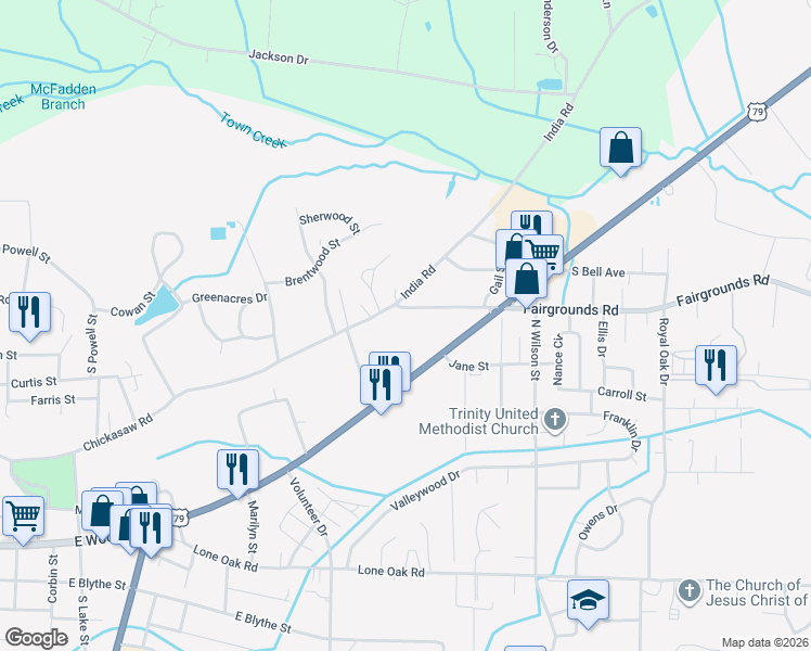 map of restaurants, bars, coffee shops, grocery stores, and more near 1401 Chickasaw Road in Paris