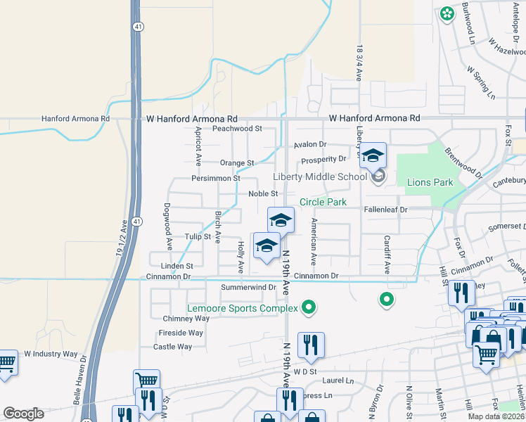 map of restaurants, bars, coffee shops, grocery stores, and more near 882 Apple Avenue in Lemoore