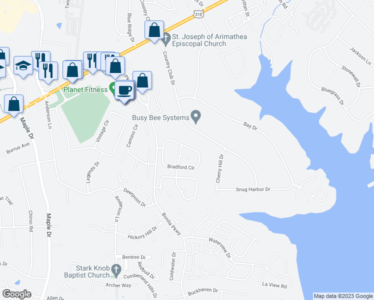 map of restaurants, bars, coffee shops, grocery stores, and more near 147 Bradford Circle in Hendersonville