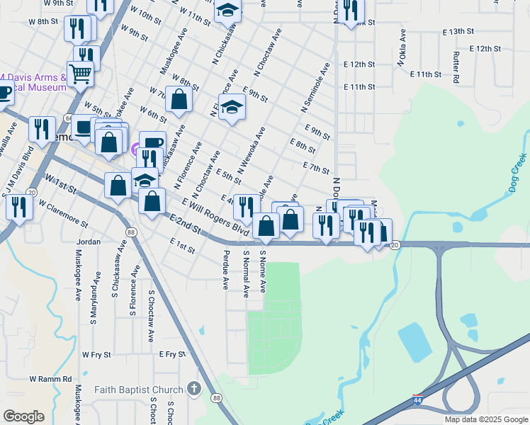 map of restaurants, bars, coffee shops, grocery stores, and more near 212 North Seminole Avenue in Claremore