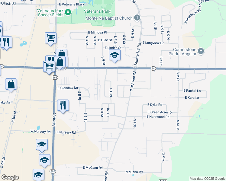 map of restaurants, bars, coffee shops, grocery stores, and more near 2007-2009 South F Street in Rogers