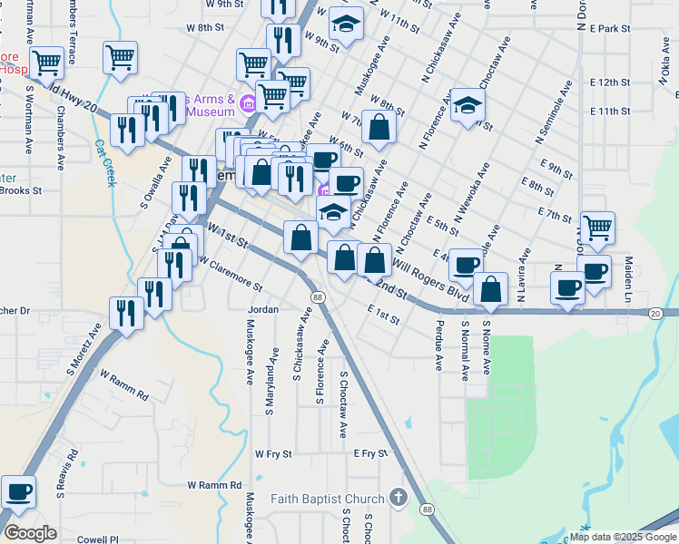 map of restaurants, bars, coffee shops, grocery stores, and more near 117 East 2nd Street in Claremore