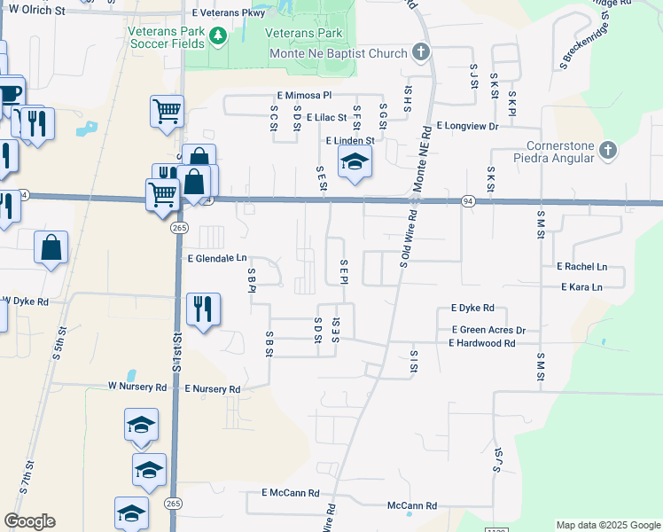 map of restaurants, bars, coffee shops, grocery stores, and more near 2011 S E St in Rogers
