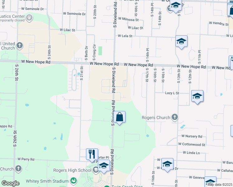 map of restaurants, bars, coffee shops, grocery stores, and more near 2002 South Dixieland Road in Rogers