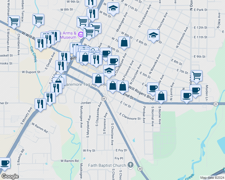 map of restaurants, bars, coffee shops, grocery stores, and more near 113 East 2nd Street in Claremore