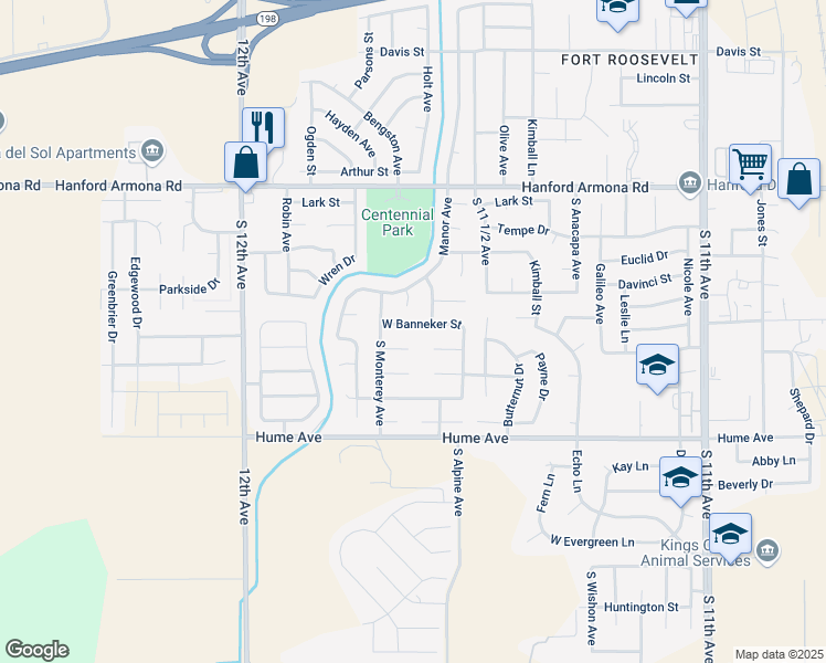 map of restaurants, bars, coffee shops, grocery stores, and more near 1433 West Banneker Street in Hanford