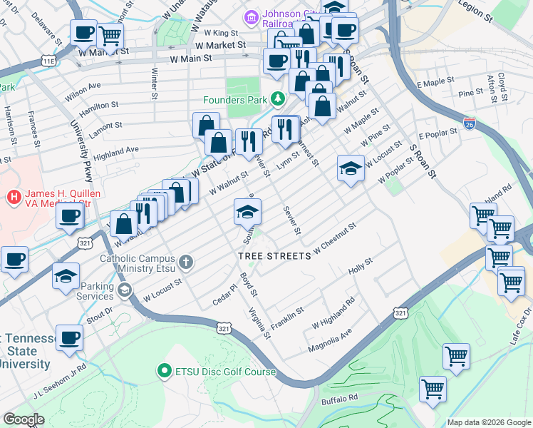 map of restaurants, bars, coffee shops, grocery stores, and more near 515 West Pine Street in Johnson City