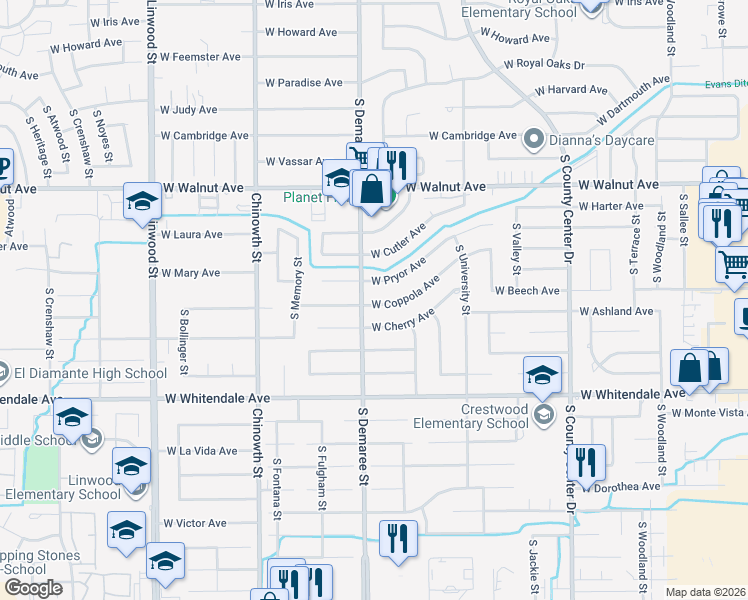 map of restaurants, bars, coffee shops, grocery stores, and more near 3624 West Coppola Avenue in Visalia