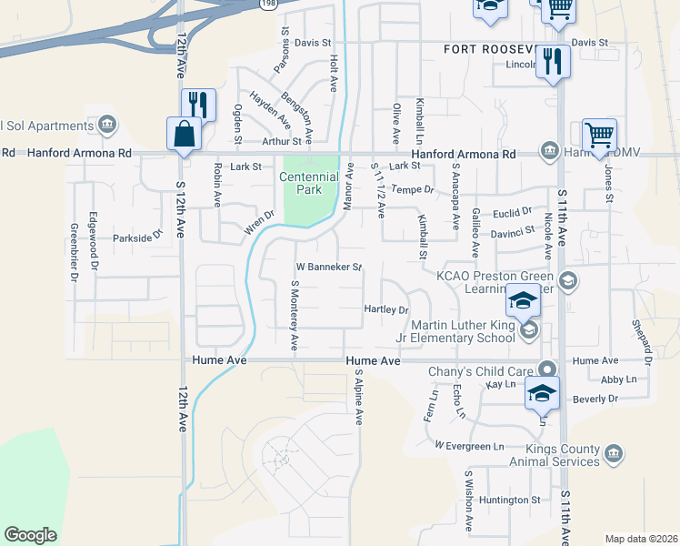 map of restaurants, bars, coffee shops, grocery stores, and more near 1359 West Banneker Street in Hanford