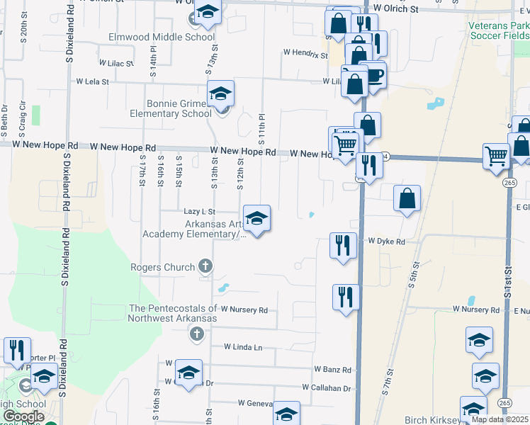 map of restaurants, bars, coffee shops, grocery stores, and more near 1949 South 11th Place in Rogers